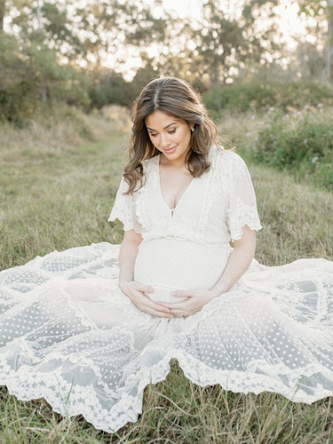 Stilla | Bianco Boemia Pizzo U Hals Flæser Broderi Høj Talje Maxi Maternity Kjoler