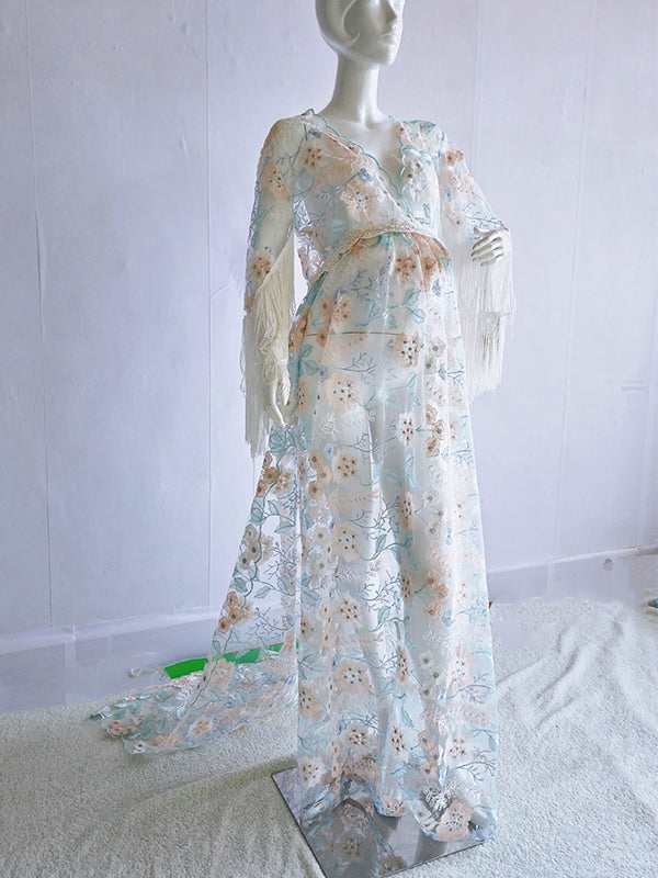 Stilla | Boemia Lace Patchwork Frynse Broderi Gennemsigtig V-hals Slæb Maxi Maternity Kjoler
