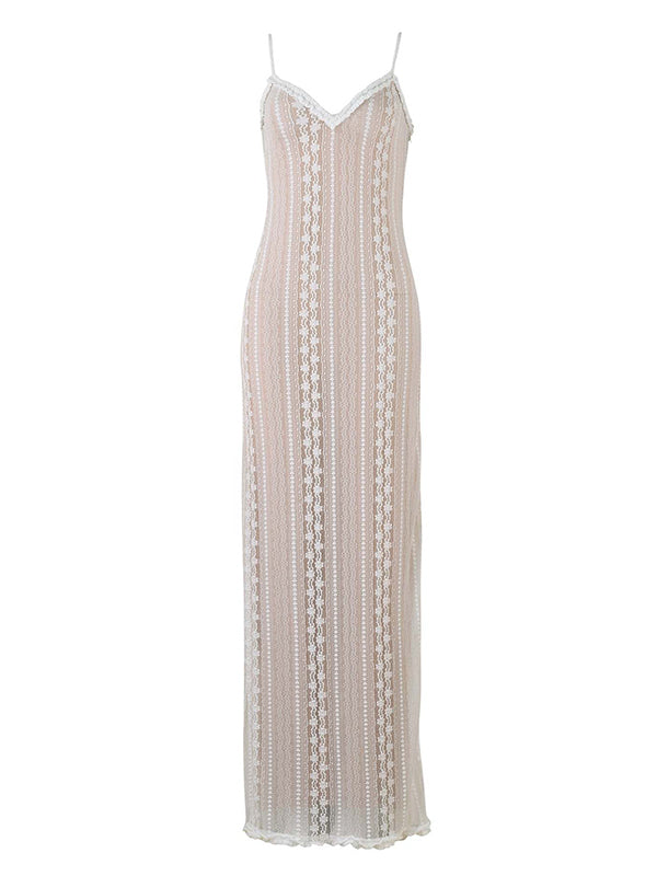 Stilla | Abrikos Dantel 2 Stykker Side Slids V-hals Underkjole Maxi Kjoler Elegante Fotografiske Premamma
