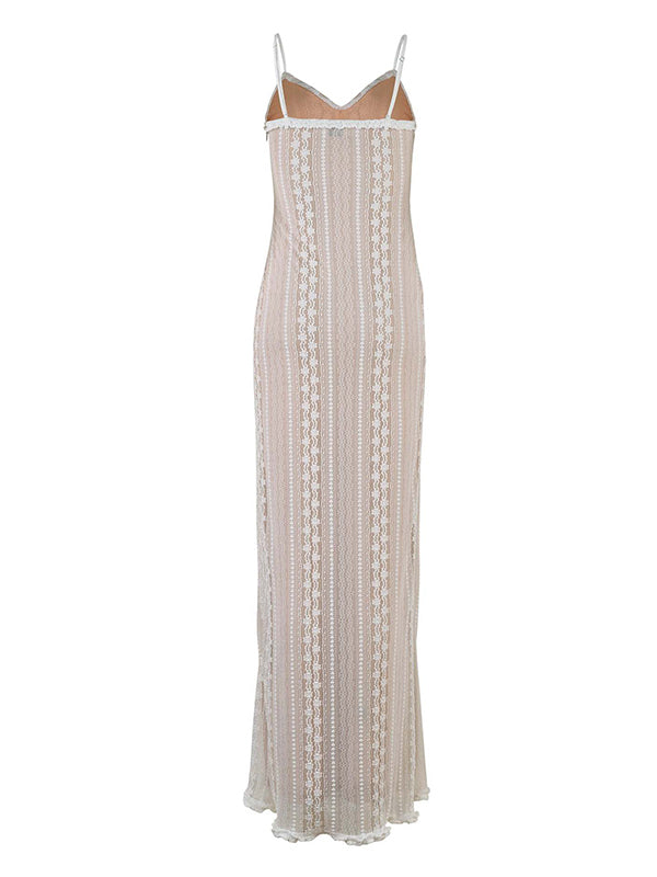 Stilla | Abrikos Dantel 2 Stykker Side Slids V-hals Underkjole Maxi Kjoler Elegante Fotografiske Premamma
