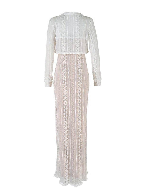 Stilla | Abrikos Dantel 2 Stykker Side Slids V-hals Underkjole Maxi Kjoler Elegante Fotografiske Premamma