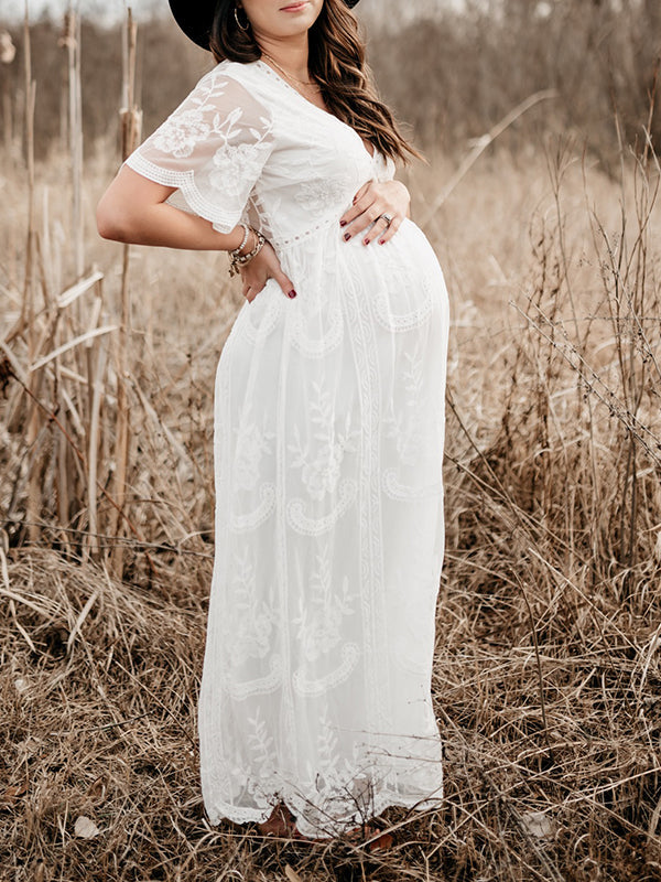 Stilla | Kjoler Til Gravide Fotografi Tjeneste Kjoler Blonde V-hals Maxi Maternity Kjole Elegante Kjole
