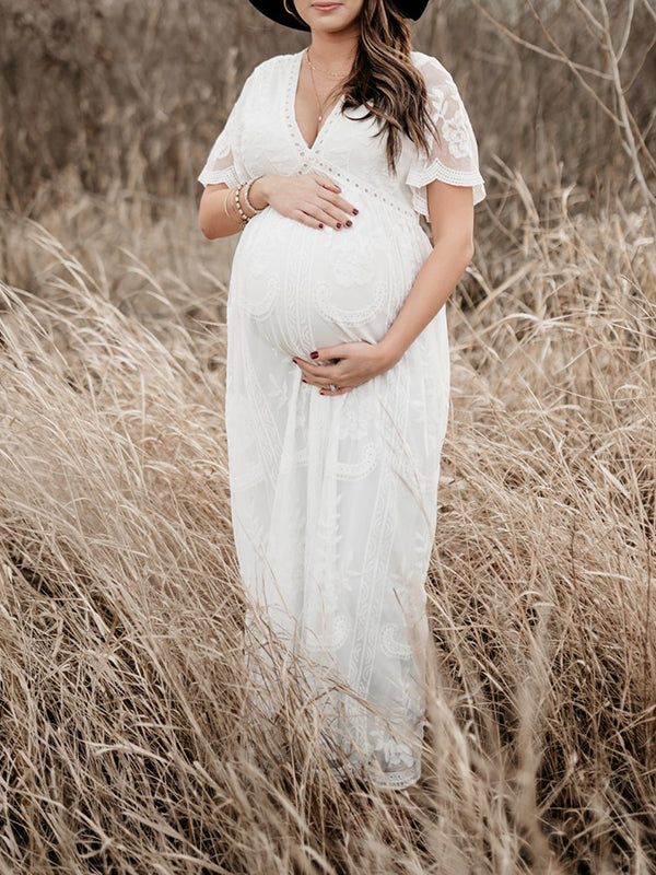 Stilla | Kjoler Til Gravide Fotografi Tjeneste Kjoler Blonde V-hals Maxi Maternity Kjole Elegante Kjole