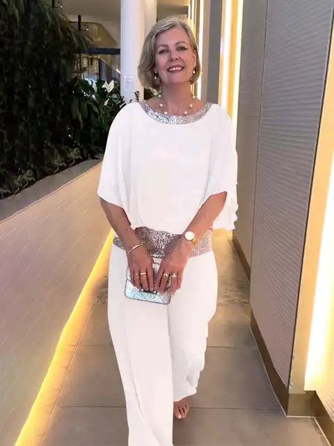 Stilla | Elegant Nat Sæt: Skinnende Top Og Palazzo Bukser