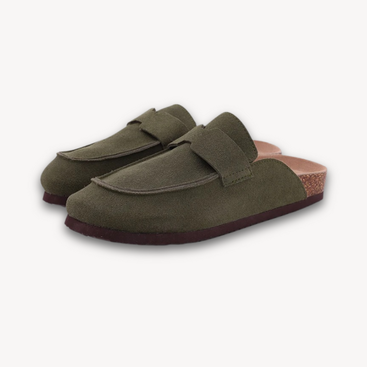 Stilla | Kvinders Træsko Suede Slip on Muler Med Justerbar Spænde Kork Fodbed