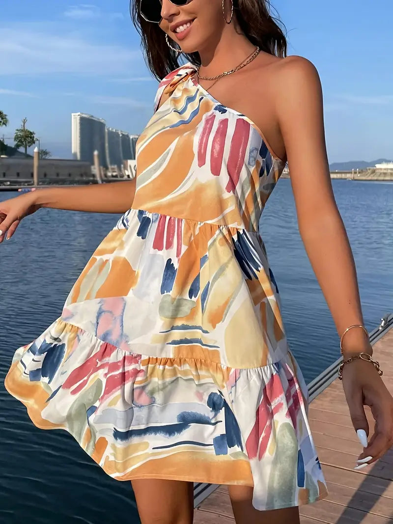Stilla | Elegant Sommerkjole Med Én Skulder, Geometrisk Print, Asymmetrisk Udskæring Og Flæser