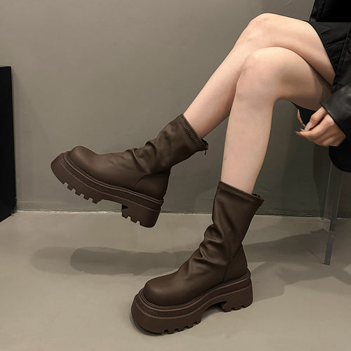 Femme Chunky Platform Ankeltøvler med dekorative sømme Stilla