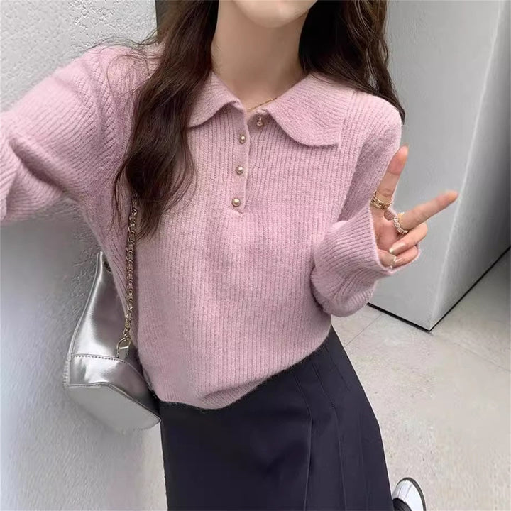 Kvinders sweater med tekstureret polo krave og knapdetaljer Stilla
