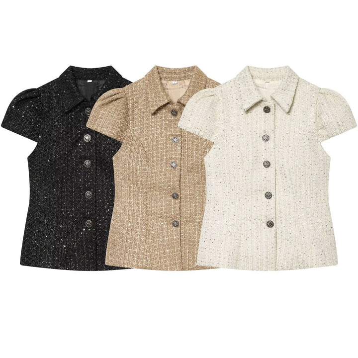 Dame elegant bluse med struktureret stof og dekorative knapper Skovae