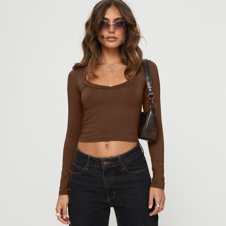 Dame Langærmet Crop-Top med dyb rund halsudskæring af blødt materiale Stilla