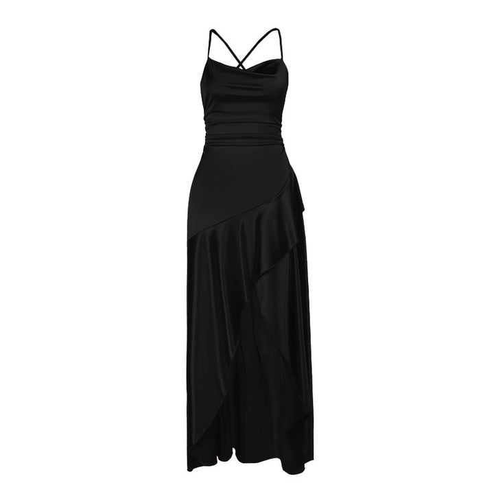 Dame luksuriøs satin-maxikjole med asymmetrisk snit Skovae