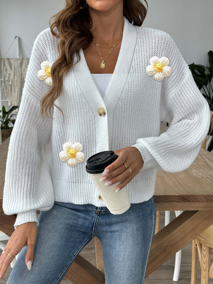 Damer moderigtig strik-Cardigan med innovativt blomstermotiv og ballonærmer Stilla
