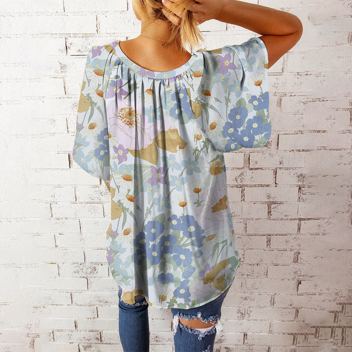 Stilla | Afslappet Floral Print V-hals Kort Ærme Overstørrelse Top Bluse