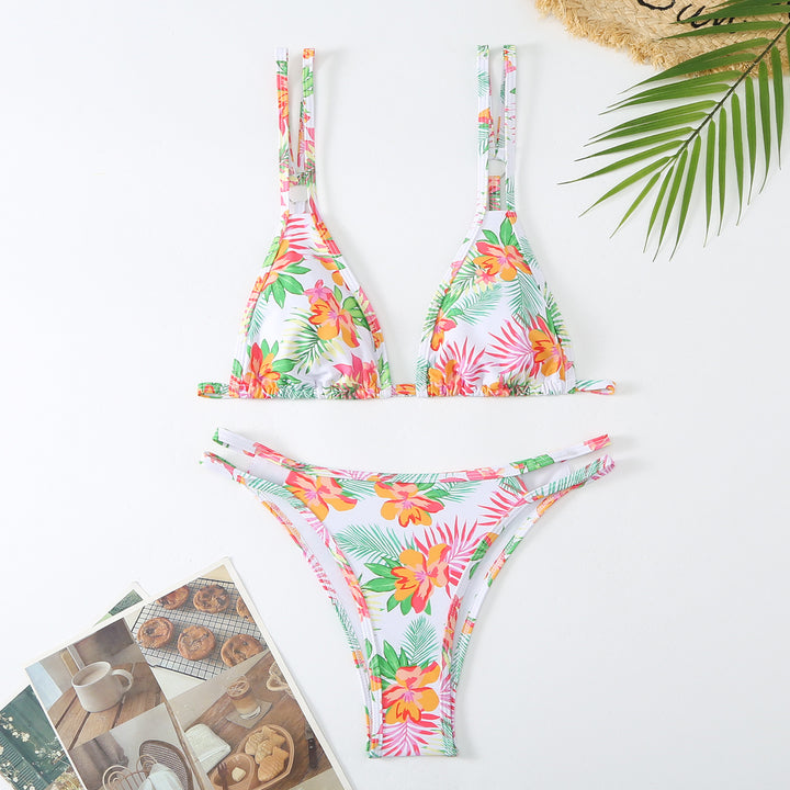 Dame Floral Print Triangle Bikini Sæt med justerbare stropper Stilla