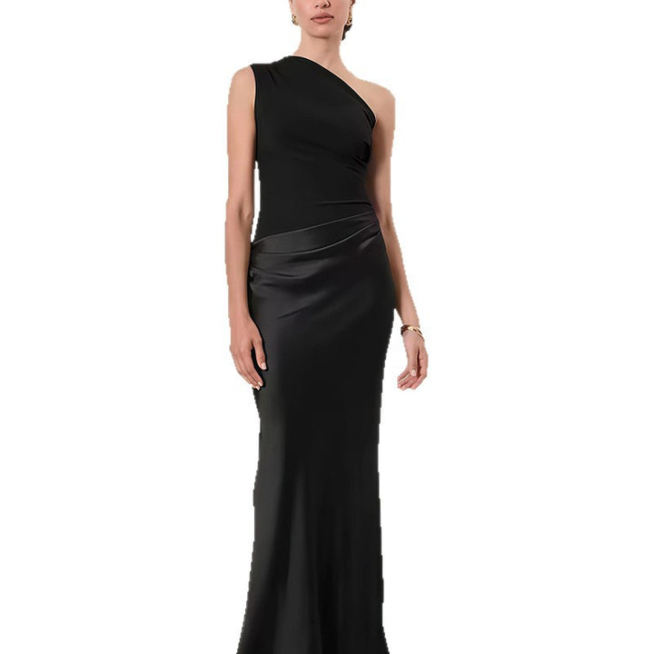 Damer Elegant Asymmetrisk Aftenkjole med Glitrende Satin Skovae