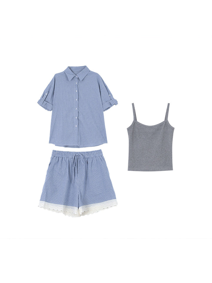 Dame afslappet kortærmet skjorte og shorts sæt med spidse accenter Stilla