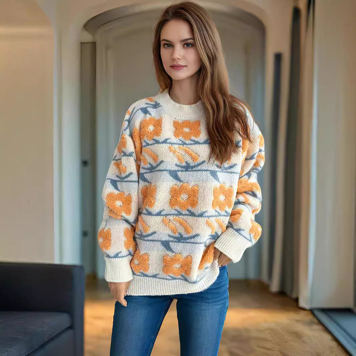 Kvindernes hyggelige strikket sweater med blomster 3D-applikationer Stilla