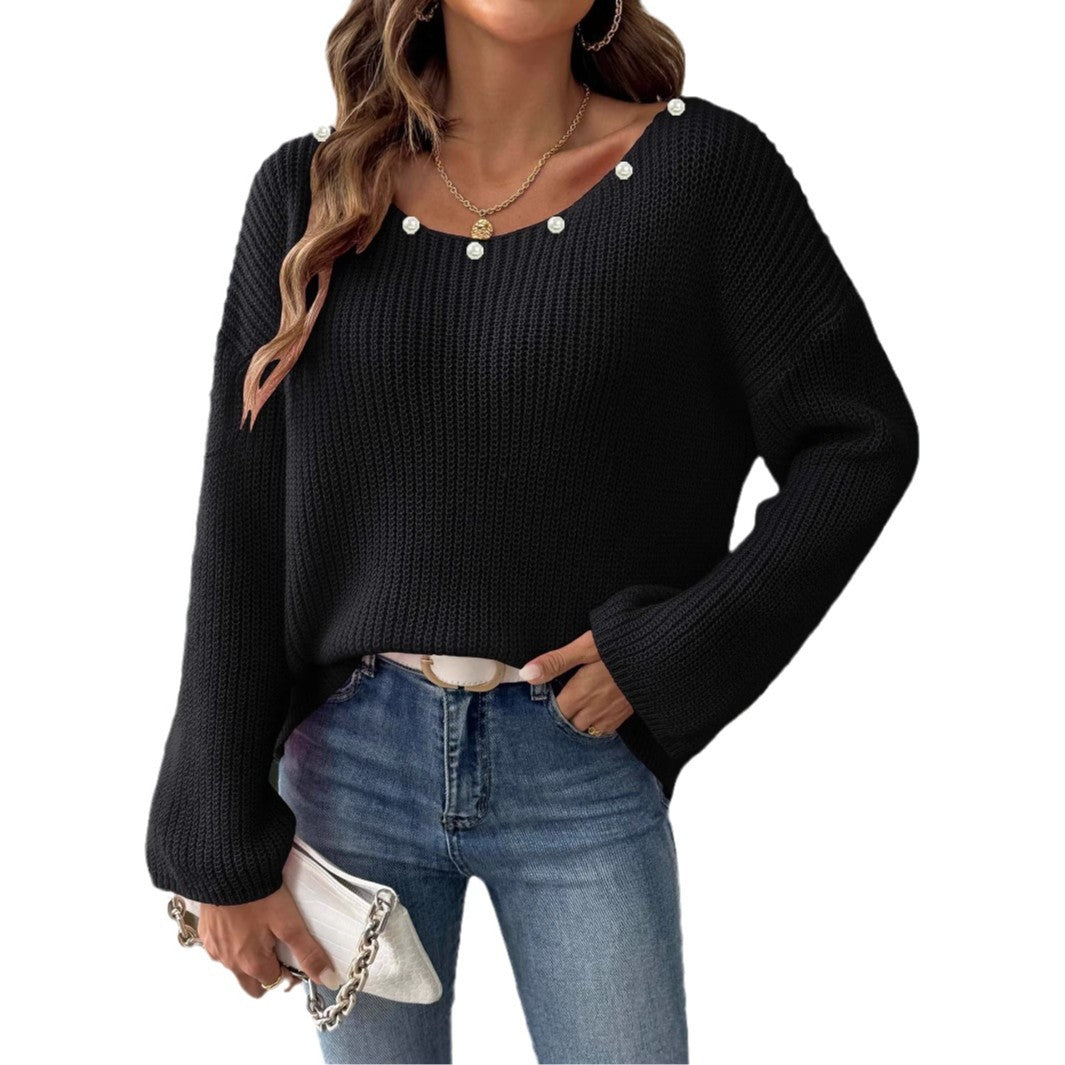Damer behagelig strikpullover med løs pasform og elegante perledetaljer Stilla