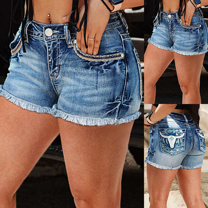 Dame jeans-shorts med unikt broderidesign og frynset kant Stilla