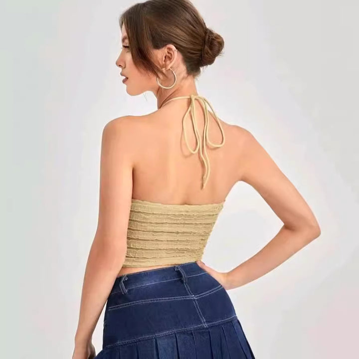 Dame Crop-Top med ruflede design og fine stropper Skovae