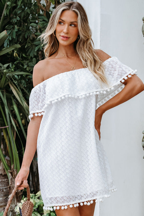 Dame Off-Shoulder Strandkjole med legesyg pomponkant Stilla