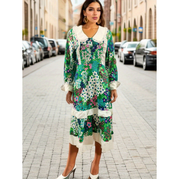 Dame Vintage Floral Patchwork Midi Kjole med Flæse Detaljer Stilla