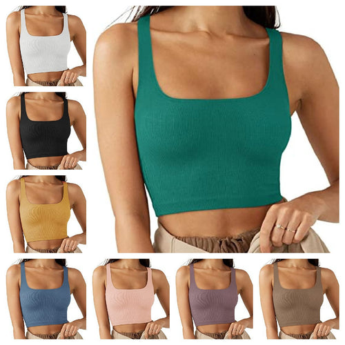 Dame cropped top med brede stropper og fint ribmønster Skovae