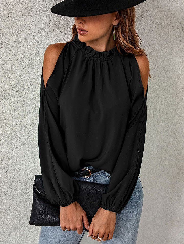 Dame elegant bluse med kold skulder design og flæsekrave Stilla