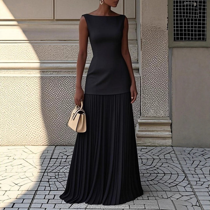 Damer Elegant Maxi Kjole med Højskåret Top og Plisseret Nederdel