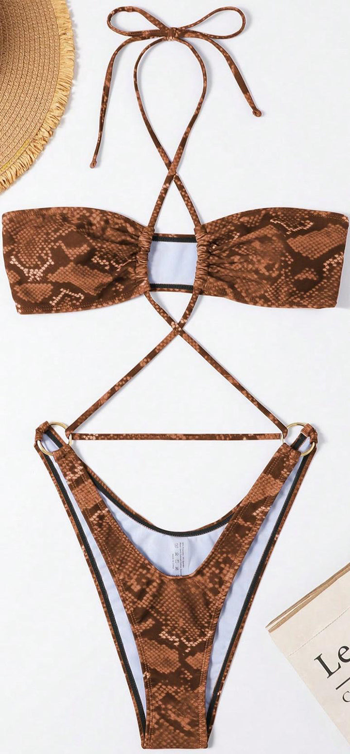 Dame trekant-bikini-sæt med raffineret indpakningsdesign og dekorative snoreknuder Skovae
