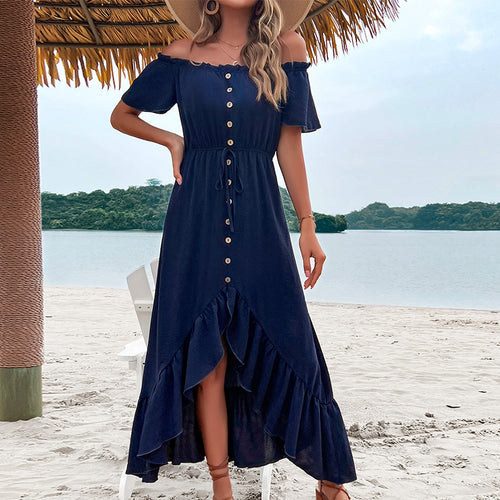 Dame Off-Shoulder Knaplukning Maxikjole med Flæsekanter Stilla