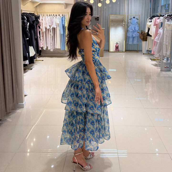 Dame maxikjole med transparente lag og blomsterdesign Skovae
