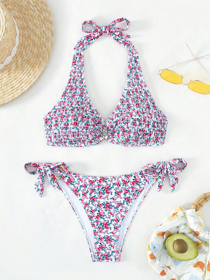 Dame triangel-bikini med legesygt blomsterdesign og komfortable sløjfer Skovae