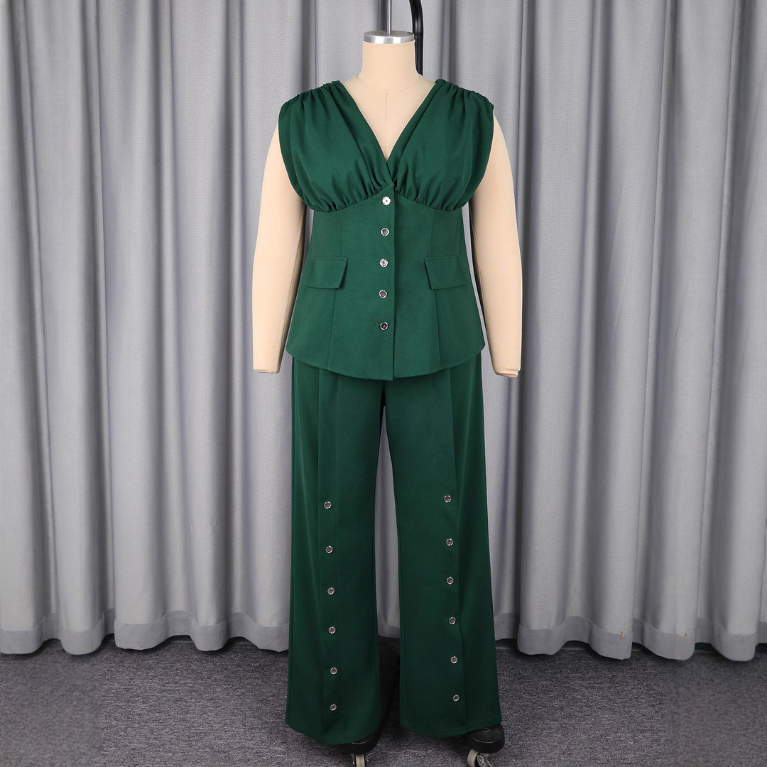 Dame elegant jumpsuit med dyb V-udskæring og iøjnefaldende knapdetaljer Skovae