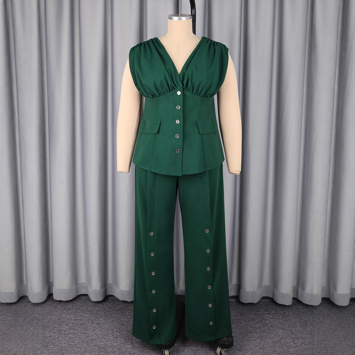 Dame elegant jumpsuit med dyb V-udskæring og iøjnefaldende knapdetaljer Skovae