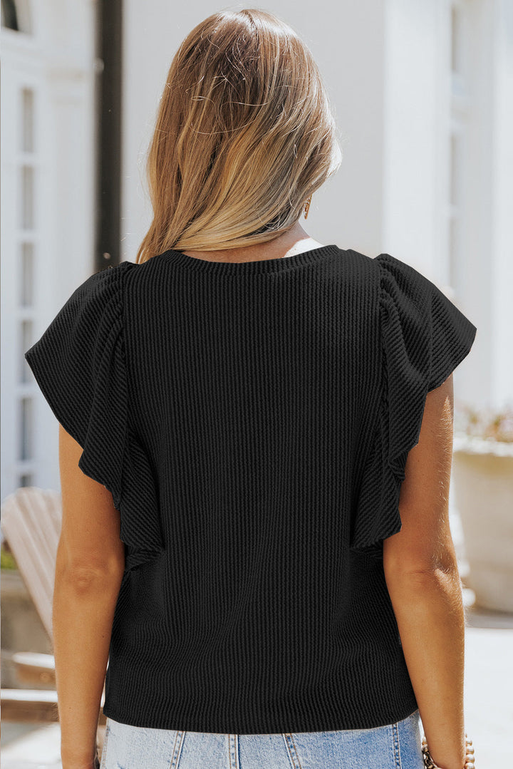 Stilla | Crew Neck Ruffle Kort Ærme Solid Løs Bluse