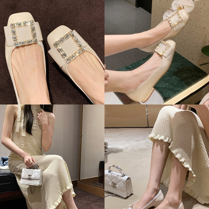Dame Elegant Krystal-beklædte Firkantet Tå Ballerinaer Stilla