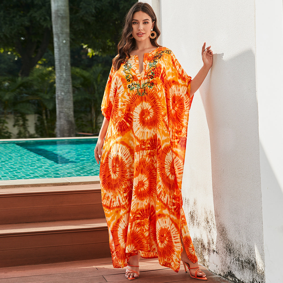 Dame Strandkaftan med kunstnerisk spiral-mønster og luftig silhuet Stilla