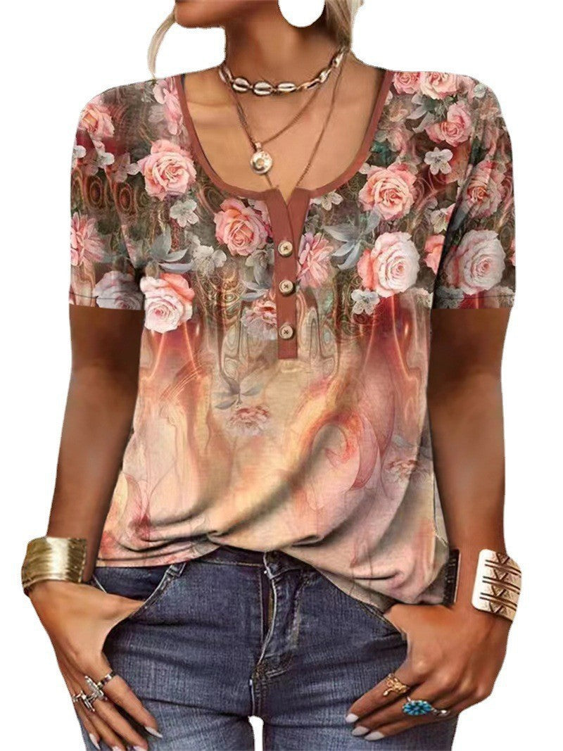 Dame Chic Henley-inspireret Grafik T-shirt Stilla