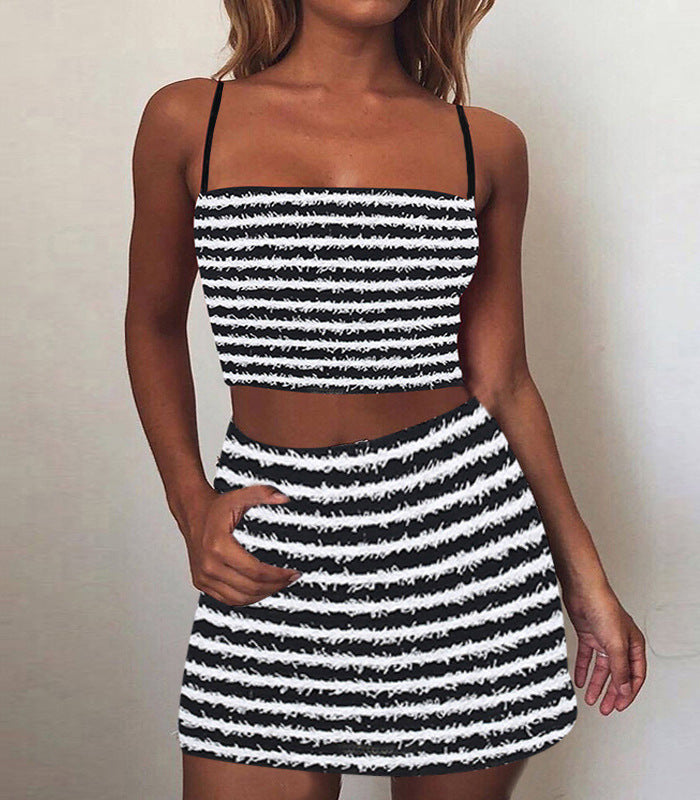 Dame stribet Crop Top og Mini skirt Sæt Stilla