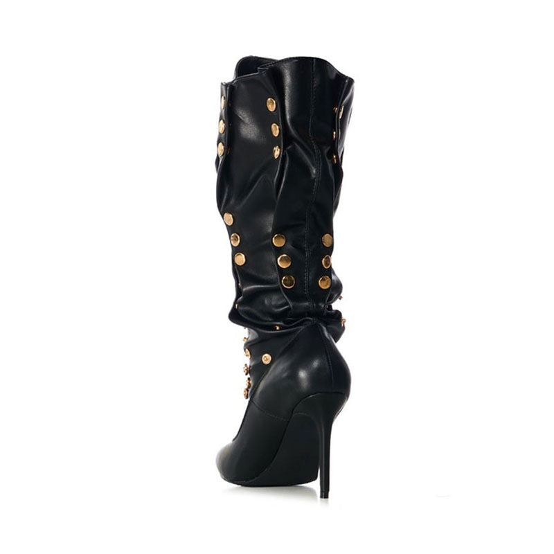 Femme Slouchy Stiletto knæhøje støvler med dekorative nitter Stilla