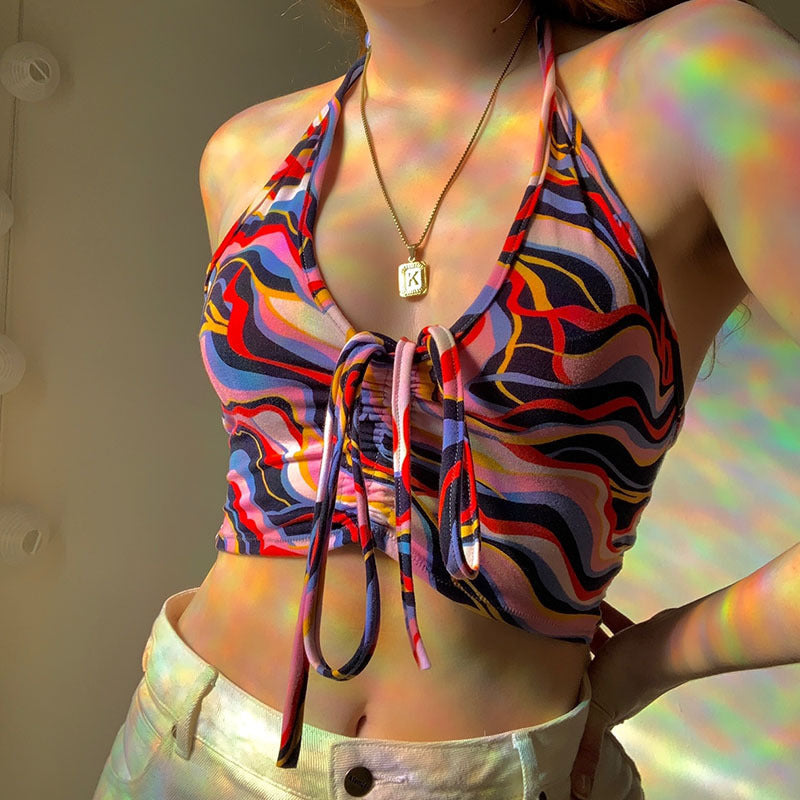 Dame Crop-Bikini-top med snøring og farverigt design Skovae