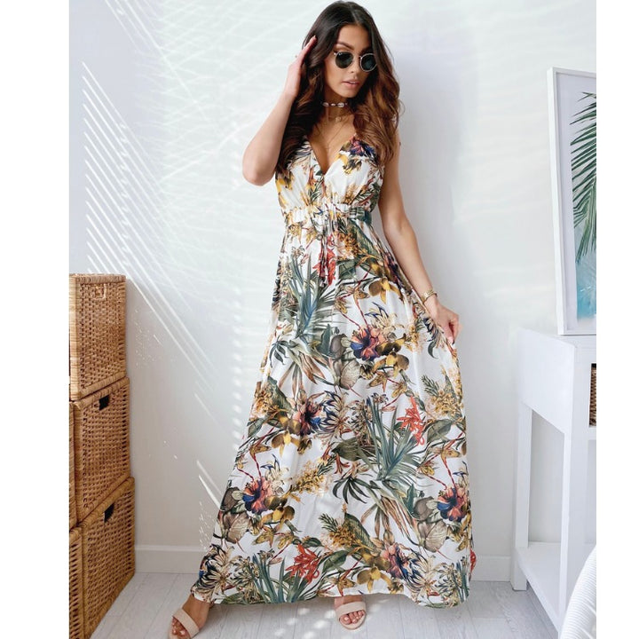 Femme Floral Print Maxikjole med dyb V-udskæring Stilla
