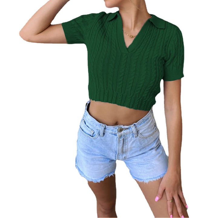Dame Cropped Strikpullover med V-udskæring og Polo-krave Stilla
