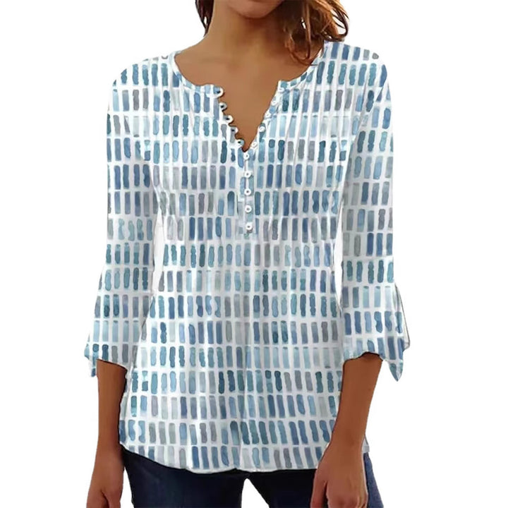Dame langærmet blouse med kunstnerisk mønster og knapliste Stilla