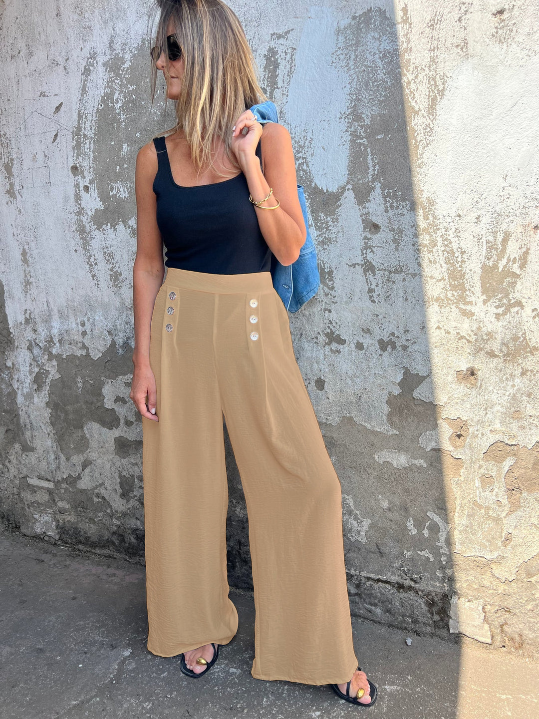 Dame High-Waist Palazzo-bukser med moderne knapdetaljer Stilla