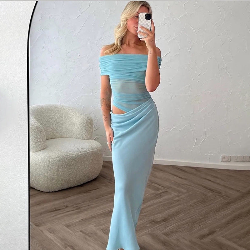 Dame elegant gulvlængde aftenkjole med off-shoulder lukning og raffinerede lag Stilla