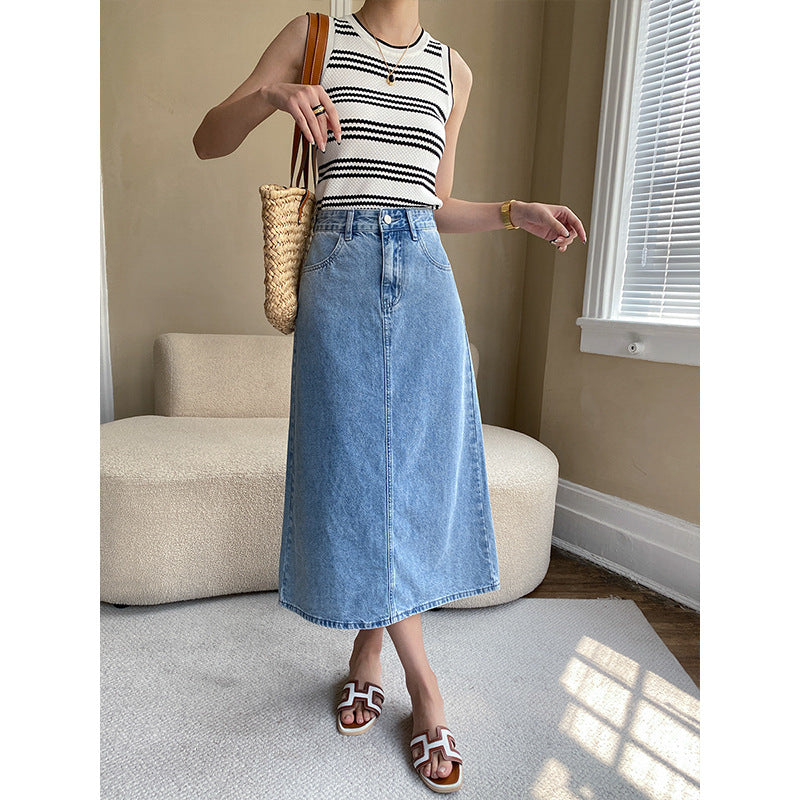 Damer Elegant Lang Denim Nederdel Stilla