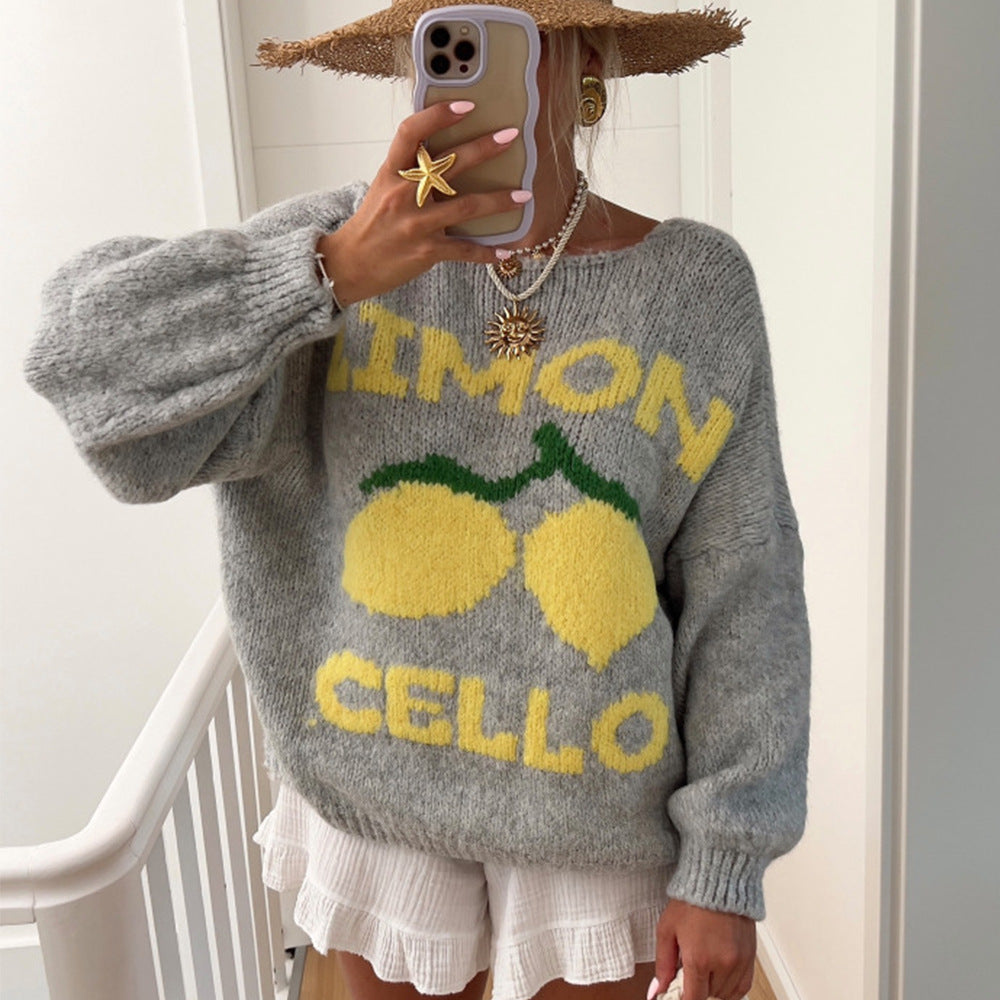 Dame strikjakke med muntert citrondesign og oversized snit Stilla