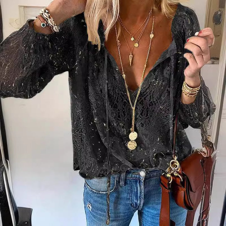 Dame elegant bluse med fin lace og dyb V-udskæring Skovae